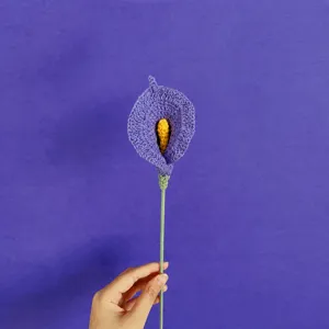 Handcrafted purple crocheted calla lily artificial flower main view display for gift.