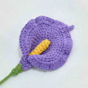 Handmade crochet calla lily flower knitted purple wool botanical decor gift main view.