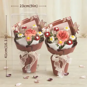 Bouquet de fleurs au crochet fait main avec boîte cadeau, rose œillet tricoté pour maman.