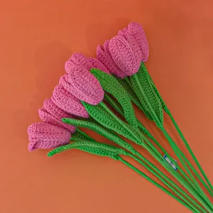 Handmade crochet pink tulip bouquet knit flower gift for women home decor delicate detail