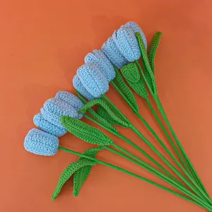 Handmade crochet blue tulip flower bouquet knitted yarn artificial flowers for home decoration