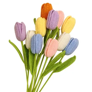 Handmade crochet tulip flower bouquet finished product knit yarn floral decoration gift