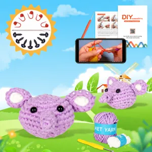 Kit uncinetto principiante con filato elefante viola, ago e facili istruzioni passo dopo passo.