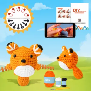 Komplettes DIY Häkelset für Anfänger mit Garn, Nadeln und süßer Fuchs Puppe Anleitung.