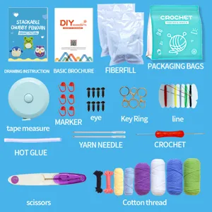 Kit uncinetto principianti con gomitoli di filato, ferri, occhi e istruzioni per lavori fai da te.