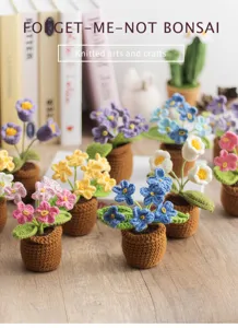 Handmade crochet forget-me-not mini potted plant, cute yarn flower car and desk ornament.