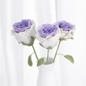 Handcrafted crochet rose flower bouquet, artificial knitted flowers for home decor gift.