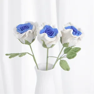 Handcrafted crochet rose bouquet in white and blue, perfect main image for home decor gifts.