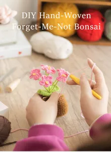 Handcrafted crochet forget-me-not potted plant detail, cute handmade yarn flower bonsai.