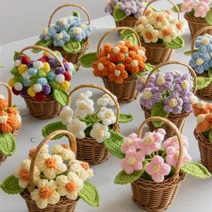 Handmade Crochet Knitted Sunflower Potted Plant Mini Flower Basket Desktop Ornament Cute Festival Gift Home Decor