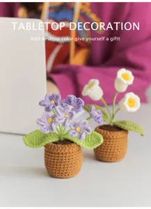 Handmade crochet potted flowers close-up, miniature tabletop decoration and cute car ornament.