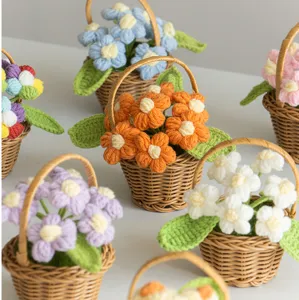 Handmade crochet mini flower basket knit sunflower potted plant desktop decor gift
