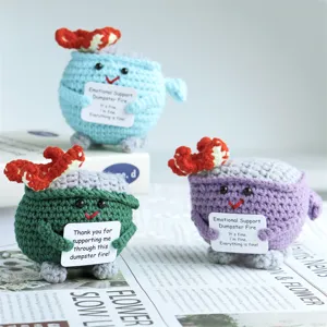 Handmade crochet dumpster fire plush doll with emotional support card, cute desk decor.