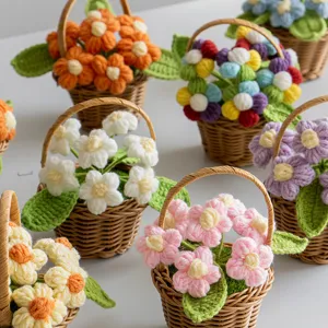 Handmade crochet mini flower basket knitted potted plant home decor holiday gift.