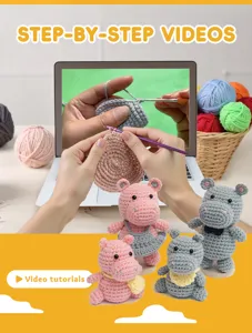 Detailed view of handmade crochet hippo amigurumi DIY kit featuring cute yarn animals and tutorial.