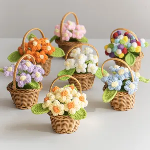 Handmade crochet puff flower mini basket potted plant cute knitted sunflower home decor gift