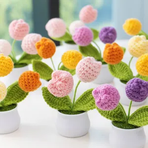 Handmade Crochet Tulip Potted Plant Knitted Flower Artificial Floral Ornament Home Decor Tabletop Gift