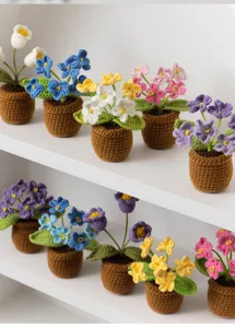 Handcrafted crochet mini potted flowers, colorful knit floral car ornament tabletop decor.