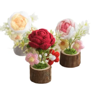 Handmade crochet rose potted plant knitted flower home desktop decoration gift item
