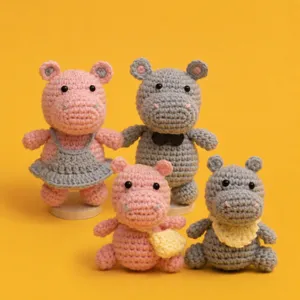 Crochet hippo family size chart main image showing dimensions and weight for handmade DIY toys.