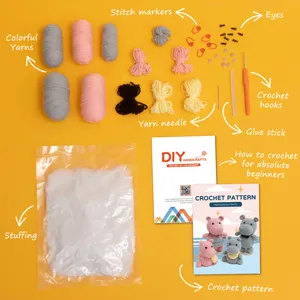 Beginner crochet kit hippo family DIY handmade yarn hooks and accessories complete set main view
