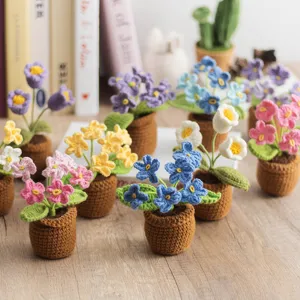 Handmade crochet mini potted flowers knitted potted plants cute car ornament decor.