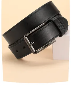 Men black leather belt detail view, premium cowhide with metal pin buckle for casual wear.