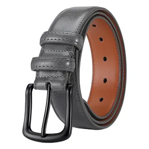 Classic men's leather belt with stylish black pin buckle, dual loops, gray and brown design.