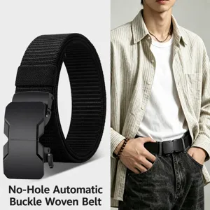 Men tactical canvas belt with alloy automatic buckle, durable elastic woven strap for jeans.