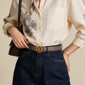 Women genuine leather belt with retro circular flower buckle stylish jeans waist belt fashion accessory