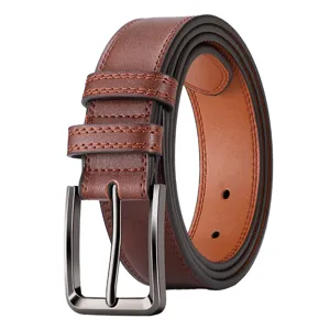 Men's brown genuine leather belt with stylish metal pin buckle for casual and business wear.