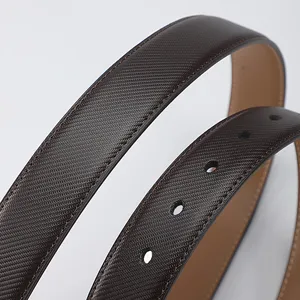 Men's brown textured leather belt with punched holes and fine stitching detail main shot