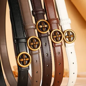 Stylish women genuine leather belt with classic round floral gold buckle main shot