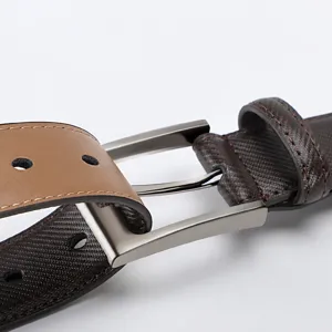 Men's leather pin buckle belt with detailed stitching and metal closure for casual daily wear