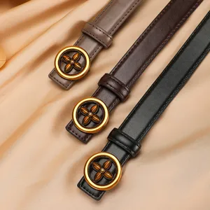 Women thin leather belt set with chic round floral metal buckle elegant waist accessory