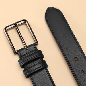 Men's Classic Black Leather Belt with Metal Pin Buckle Casual Waistband Main View