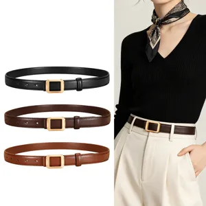 Women's Genuine Cowhide Leather Belt Minimalist Casual Jeans Dress Thin Waist Belt With Metal Square Buckle