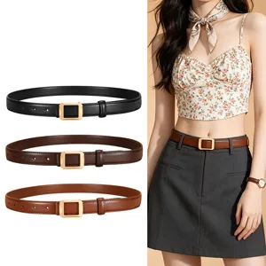 Women genuine leather thin belt with square metal buckle fashion waist strap for jeans.
