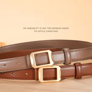 Genuine leather belt for women with stylish metal square buckle, versatile casual accessory.