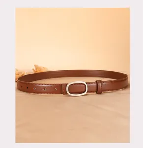 Women genuine leather thin belt with elegant oval metal buckle, versatile jeans accessory.