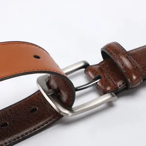 Men's genuine leather belt with metal pin buckle, retro cowhide trousers belt for daily wear.