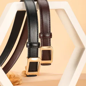 Women's genuine leather thin belt with gold square buckle versatile for jeans daily use
