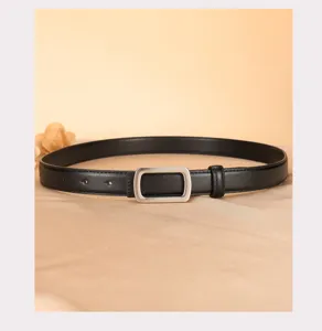 Elegant women's black leather belt featuring a sleek silver rectangular metal buckle for daily wear.