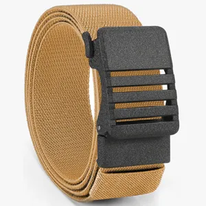 Men tactical elastic belt with durable black buckle, khaki woven fabric for outdoor sports.