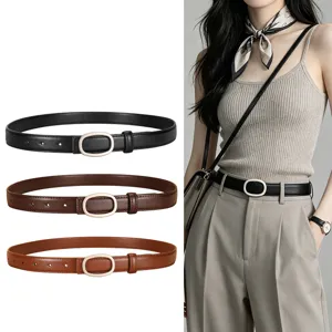 Women's Genuine Leather Thin Belt Vintage Casual Versatile Metal Plate Buckle Waistband For Jeans Dresses