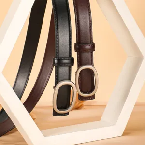 Women's slim leather belt with elegant oval metal buckle, versatile casual waist accessory.