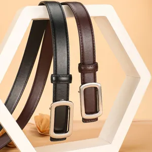 Classic women genuine leather belt with metallic rectangular buckle for jeans and daily wear.