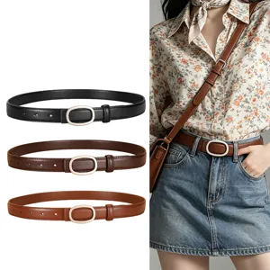 Women casual thin leather belt with oval metal buckle, versatile jeans waist belt for dress.