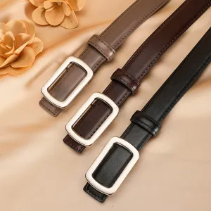Women's genuine leather thin belt with silver rectangular buckle casual trouser waist belt set