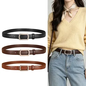 Women genuine leather belt casual pants belt simple metal buckle black brown color set